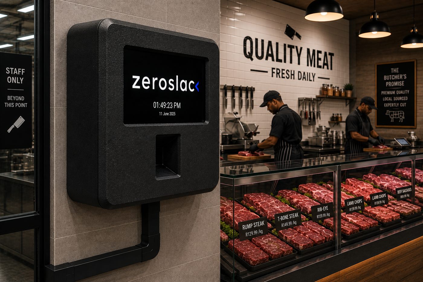 Zack Terminal in a butchery